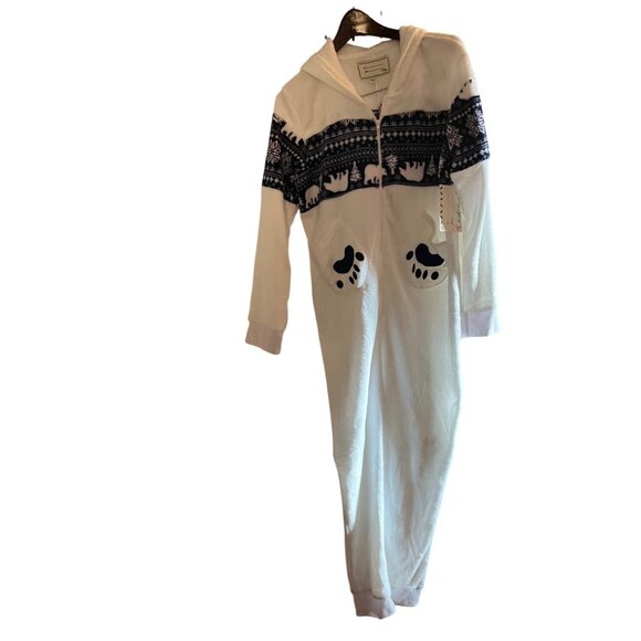 Derek heart Hooded Polar Bear women L Fair Isle Jumpsuit - White& navy winter - Picture 4 of 14